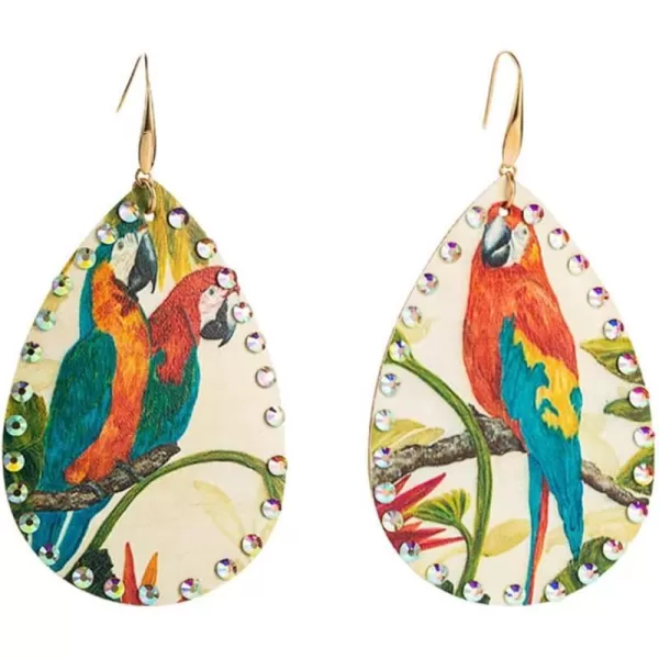 Boho Leather Bird Teardrop Earrings for Women Girls Leaf Flower Printing AB Crystal Long Big Tropical Parrot Statement Drop Dangle Hook Handmade Lightweight Bohemian Antique Beachy Christmas JewelryGreen Wings