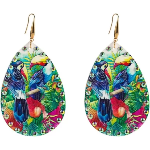 Boho Leather Bird Teardrop Earrings for Women Girls Leaf Flower Printing AB Crystal Long Big Tropical Parrot Statement Drop Dangle Hook Handmade Lightweight Bohemian Antique Beachy Christmas JewelryBlue Wings