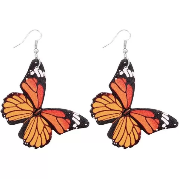 Boho Leather Butterfly Dangle Hook Earrings for Women Girls Colorful Animal Insect Monarch Butterflies Statement Drop Dangling Lightweight Earring Nickel Free Summer Beach Vacation Party Y2K JewelryOrange