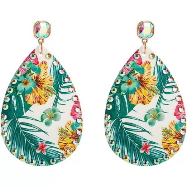 Boho Leather Teardrop Earrings for Women Girls Leaf Flower Printing AB Crystal Long Big Summer Statement Drop Dangle Hook Stud Handmade Lightweight Bohemian Antique Beachy JewelryTropical Plant