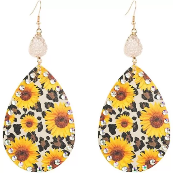 Boho Leather Teardrop Earrings for Women Girls Leaf Flower Printing AB Crystal Long Big Summer Statement Drop Dangle Hook Stud Handmade Lightweight Bohemian Antique Beachy JewelryLeopard Print