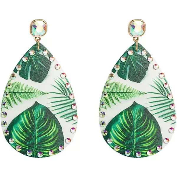 Boho Leather Teardrop Earrings for Women Girls Leaf Flower Printing AB Crystal Long Big Summer Statement Drop Dangle Hook Stud Handmade Lightweight Bohemian Antique Beachy JewelryPalm Leaves