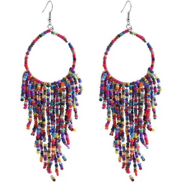 Boho Long Fringe Drop Dangle Statement Earrings for Women Girls Hademade Ball Beads Hoop Tassel Chain Woven Dangling Hook Chandelier Tribal Exaggerated Dreamcatcher JewelryColorful