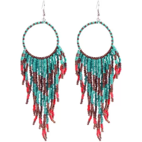 Boho Long Fringe Drop Dangle Statement Earrings for Women Girls Hademade Ball Beads Hoop Tassel Chain Woven Dangling Hook Chandelier Tribal Exaggerated Dreamcatcher JewelryBlue
