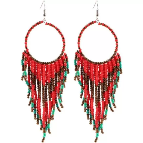 Boho Long Fringe Drop Dangle Statement Earrings for Women Girls Hademade Ball Beads Hoop Tassel Chain Woven Dangling Hook Chandelier Tribal Exaggerated Dreamcatcher JewelryRed