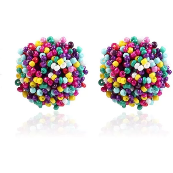 Boho Statement Beaded Stud Earrings for Women Teen Girls Piercing Ear Big Round Cuff Post Screw Back Bohemia Handmade Colorful Seed Mini Beads Cluster Wrap Whimsical Fashion Earrings Jewelryrainbow