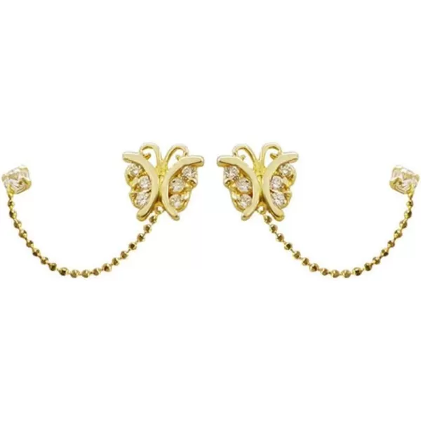 CZ Butterfly Double Piercing Cuff Stud Earrings for Women Girls 925 Sterling Silver Tassel Chain Dangle Drop Hypoallergenic Dainty Animal Insect Jewelry Gifts Birthday WeddingGold