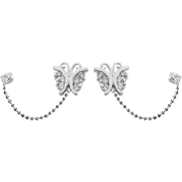 CZ Butterfly Double Piercing Cuff Stud Earrings for Women Girls 925 Sterling Silver Tassel Chain Dangle Drop Hypoallergenic Dainty Animal Insect Jewelry Gifts Birthday WeddingSilver