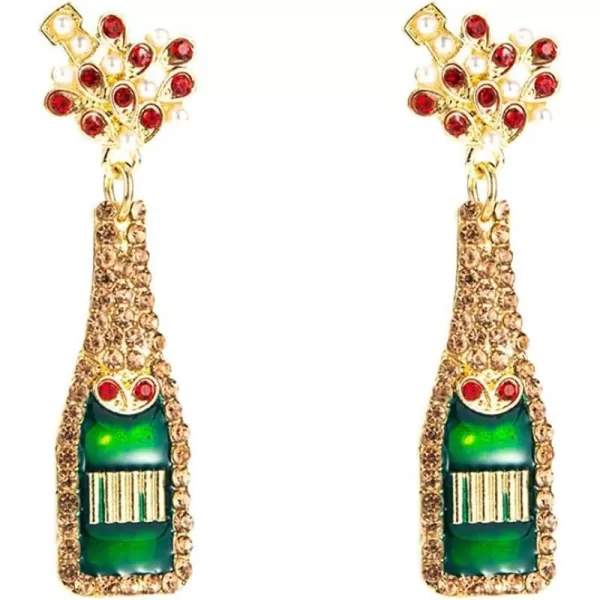 CZ Champagne Bottle Dangle Earrings for Women Girls Handmade Rhinestone Crystal Stud Celebration Statement Drop Dangling Dainty Wedding Birthday Christmas Party Jewelry Cute GiftsRed