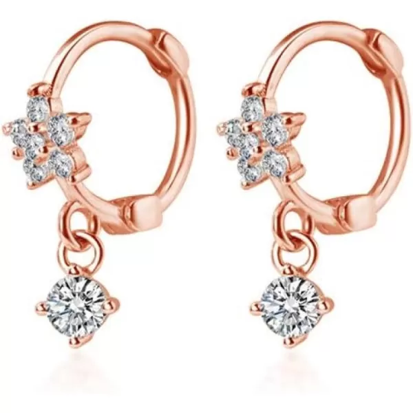 CZ Dangle Drop Huggie Hoop Earrings for Women Teen Girls 925 Sterling Silver Charms Tiny Rhinestone Daisy Flower Hinged Small Cartilage Stud Tragus Dainty Fashion Jewelry HypoallergenicRose Gold Plated