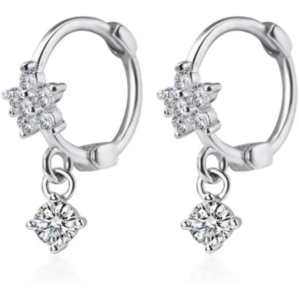 CZ Dangle Drop Huggie Hoop Earrings for Women Teen Girls 925 Sterling Silver Charms Tiny Rhinestone Daisy Flower Hinged Small Cartilage Stud Tragus Dainty Fashion Jewelry HypoallergenicSilver