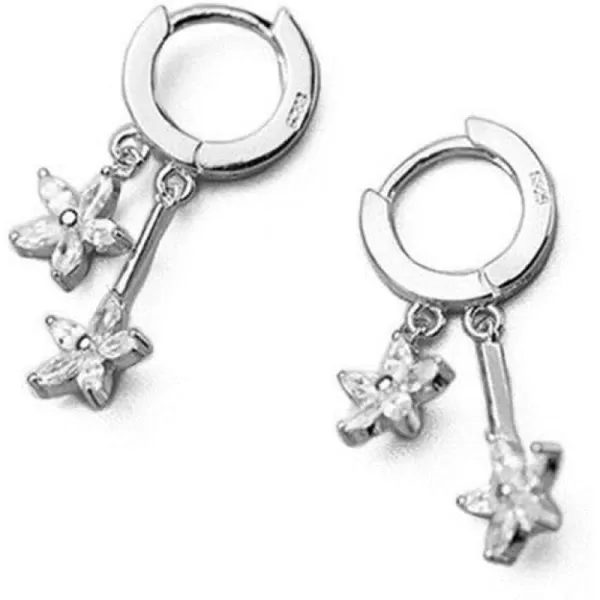 CZ Flower Dangle Hoop Earrings for Women Girls 925 Sterling Silver Charms Tiny Rhinestone Double Daisy Flower Bar Drop Dangling Small Hoop Cartilage Stud Tragus Dainty Fashion EarringsSilver