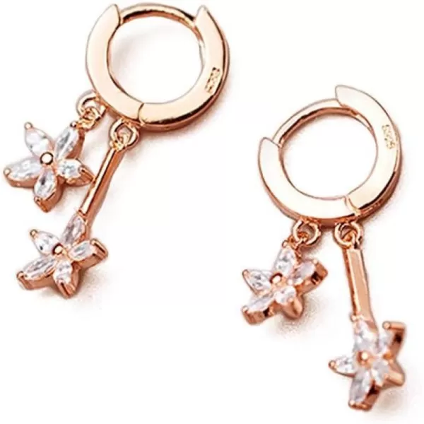 CZ Flower Dangle Hoop Earrings for Women Girls 925 Sterling Silver Charms Tiny Rhinestone Double Daisy Flower Bar Drop Dangling Small Hoop Cartilage Stud Tragus Dainty Fashion Earrings14k Rose Gold