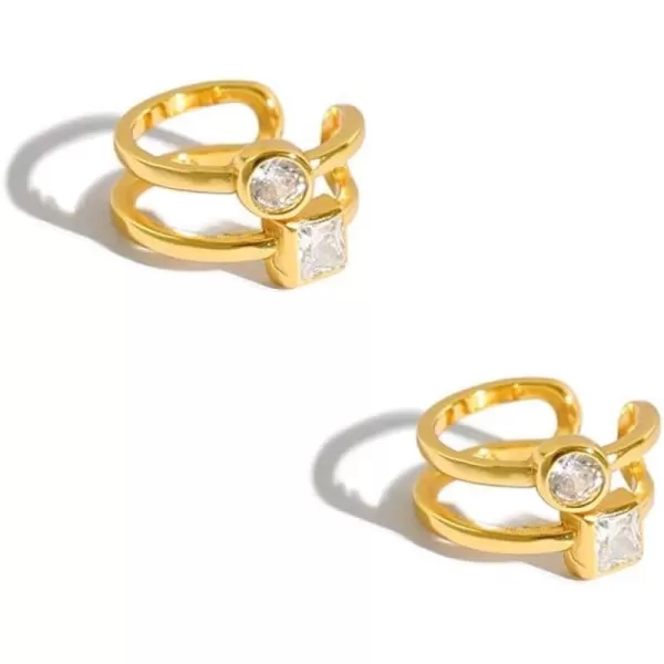 CZ Layered Cuff Earrings Half Small Hoop Sterling Silver Non Piercing Clip on Cartilage Earring for Women Girls Cubic Zirconia Minimalist Double Bands Wrap Fashion Hypoallergenic JewelryGold