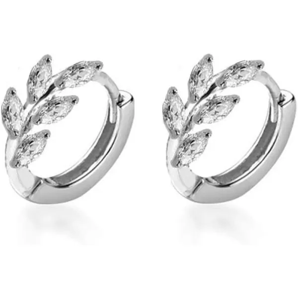CZ Leaf Cartilage Huggie Small Hoop Earrings for Women Girls 925 Sterling Silver Cubic Zirconia Cluster Leaves Round Studs Tragus Pierced Ear Endless Hoops 8mmSilver