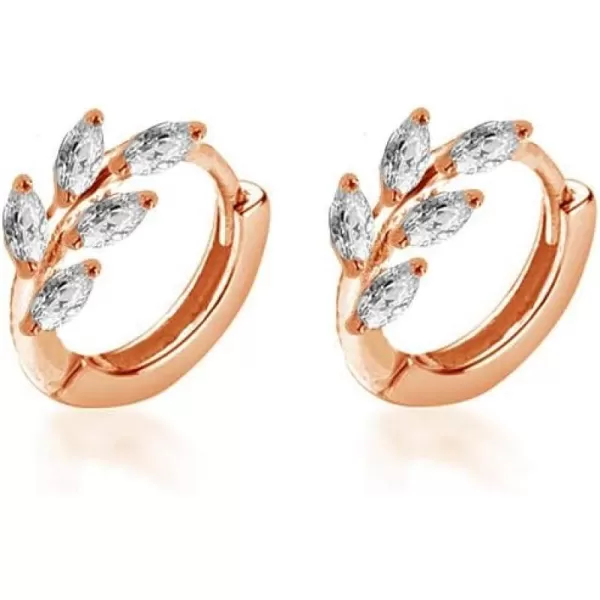 CZ Leaf Cartilage Huggie Small Hoop Earrings for Women Girls 925 Sterling Silver Cubic Zirconia Cluster Leaves Round Studs Tragus Pierced Ear Endless Hoops 8mmRose Gold Plated