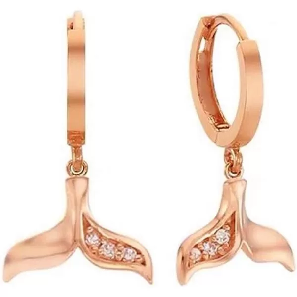 CZ Mermaid Tail Dangle Hoop Earrings for Women Girls 925 Sterling Silver Charms Cute Crystal Fish Whale Dolphin Tail Drop Cartilage Huggie Jewelry Delicate Fashion Birthday Christmas GiftsRose Gold