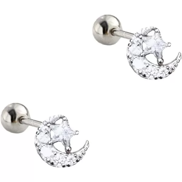 CZ Moon Star Ball Stud Earrings for Women Girls 925 Sterling Silver Cubic Zirconia Hypoallergenic for Piercing Ear 20g Barbell Tiny Cartilage Tragus Studs Dainty JewelrySilver