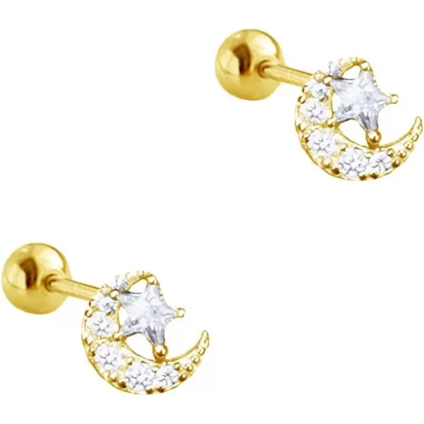 CZ Moon Star Ball Stud Earrings for Women Girls 925 Sterling Silver Cubic Zirconia Hypoallergenic for Piercing Ear 20g Barbell Tiny Cartilage Tragus Studs Dainty JewelryGold
