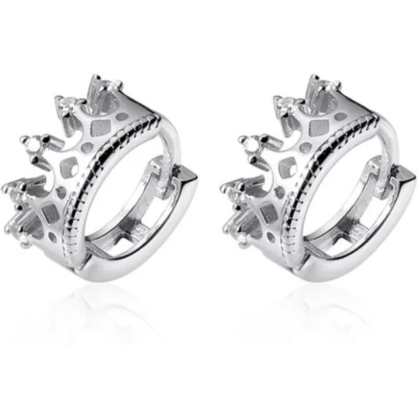 CZ Princess Crown Cubic Zirconia Small Hoop Earrings for Women Teens Girls 925 Sterling Silver Dainty Cute Tiny Huggie Hinged Hoops Tragus Pose Pin Hypoallergenic Earrings JewelrySilver