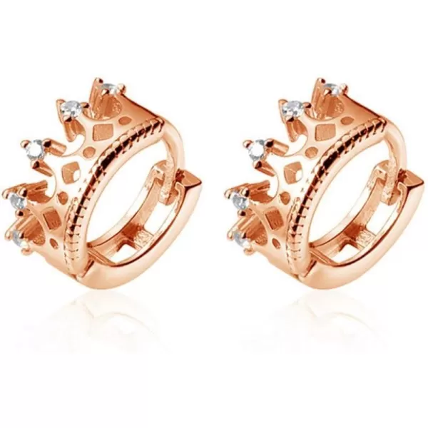 CZ Princess Crown Cubic Zirconia Small Hoop Earrings for Women Teens Girls 925 Sterling Silver Dainty Cute Tiny Huggie Hinged Hoops Tragus Pose Pin Hypoallergenic Earrings JewelryRose Gold