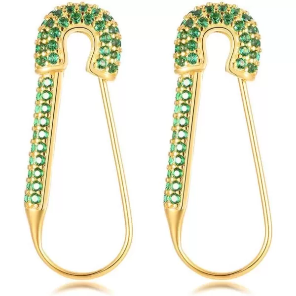 CZ Safety Pin Cartilage Huggie Hoop Earrings for Women Girls Dainty Cubic Zirconia Dangle Drop Hypoallergenic Stud Post Pave Crystal Fashion Hoops Jewelry Gold PlatedBoho Green