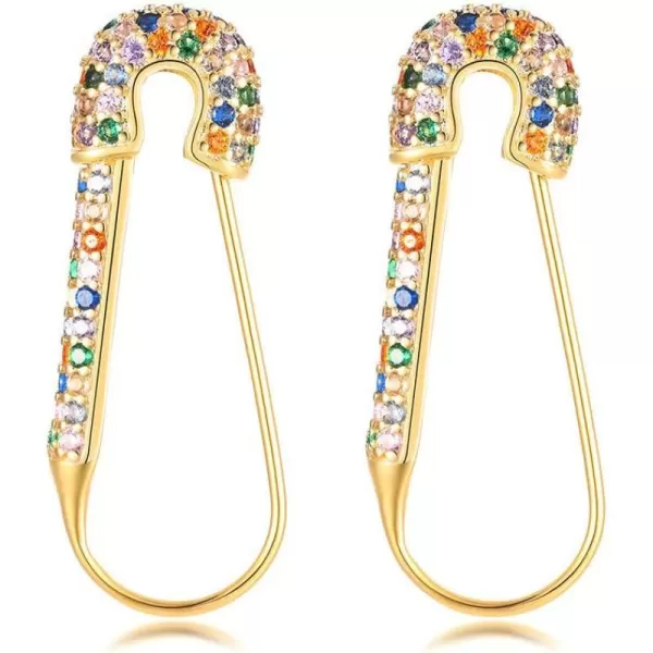 CZ Safety Pin Cartilage Huggie Hoop Earrings for Women Girls Dainty Cubic Zirconia Dangle Drop Hypoallergenic Stud Post Pave Crystal Fashion Hoops Jewelry Gold PlatedBohemian
