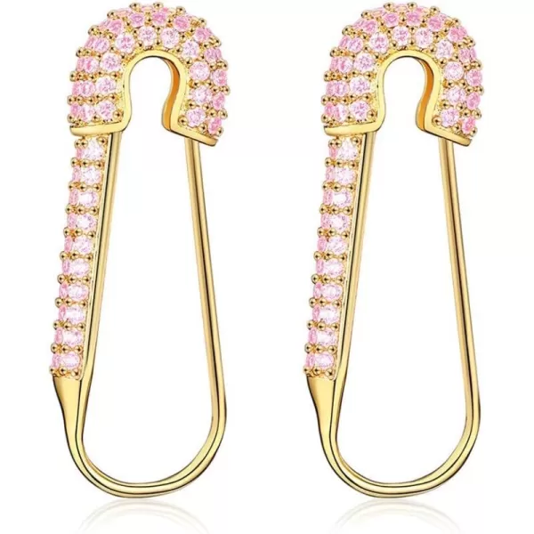 CZ Safety Pin Cartilage Huggie Hoop Earrings for Women Girls Dainty Cubic Zirconia Dangle Drop Hypoallergenic Stud Post Pave Crystal Fashion Hoops Jewelry Gold PlatedLight Pink