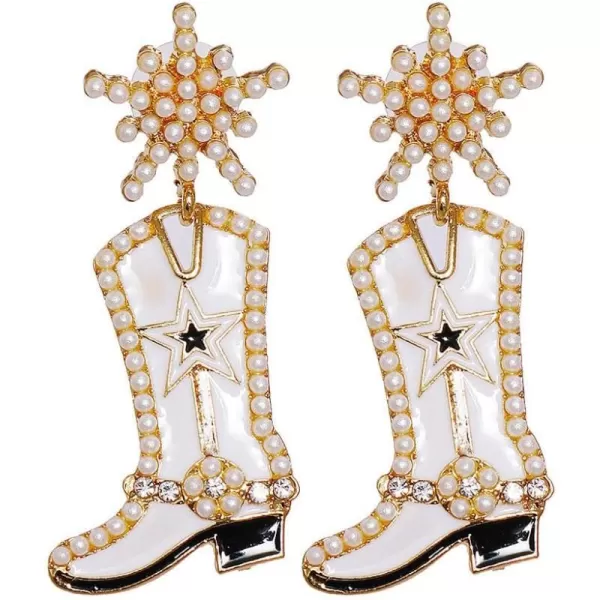 CZ Snowflake Cowgirl Boot Dangle Earrings for Women Girls Cubic Zirconia Star Shell Pearl Western Cowboy Statement Drop Dangling Stud Fashion Christmas Festival Party Jewelry GiftsWhite