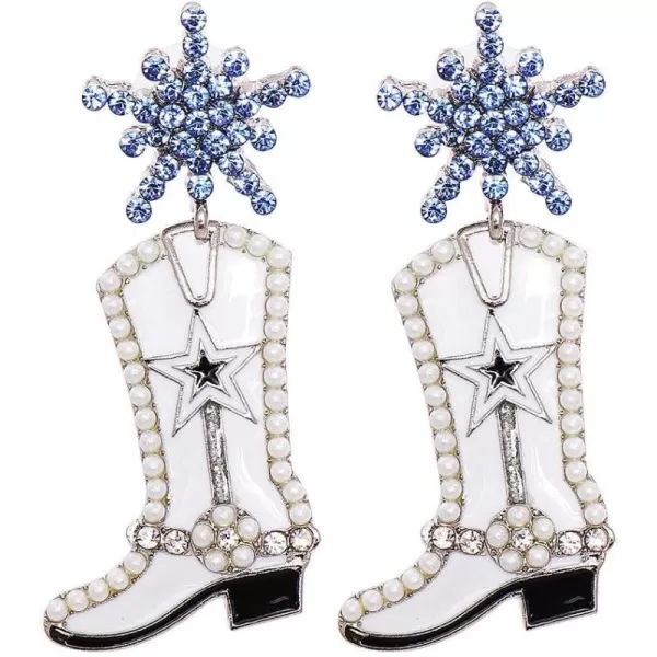 CZ Snowflake Cowgirl Boot Dangle Earrings for Women Girls Cubic Zirconia Star Shell Pearl Western Cowboy Statement Drop Dangling Stud Fashion Christmas Festival Party Jewelry GiftsBlue