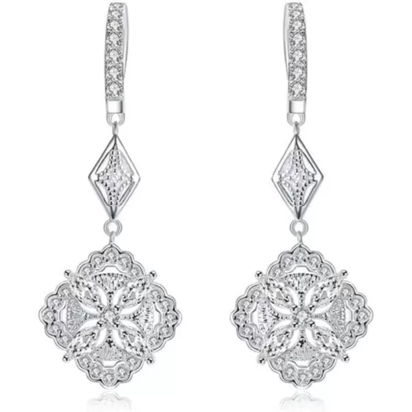 CZ Vintage Dangle Hoop Earrings for Women Girls S925 Sterling Silver with Charms White Gold Plated Pave Cubic Zirconia Leverback Filigree Flower Dangling Stud Wedding Retro Bridal Prom Antique JewelryCZ Vintage Dangle Hoop Earrings for Women Girls S925 Sterling Silver with Charms White Gold Plated Pave Cubic Zirconia Leverback Filigree Flower Dangling Stud Wedding Retro Bridal Prom Antique Jewelry