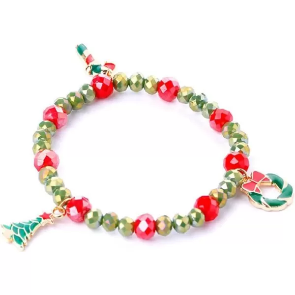 Christmas Beaded Stretch Bracelets for Women Girls Charms Colorful Acrylic Crystal Turquoise Ball Bead Strand Elastic Layer BFF Bracelet Chains Xmas Holiday Accessories Jewelry Gifts for Mother DaughterTree Wreath