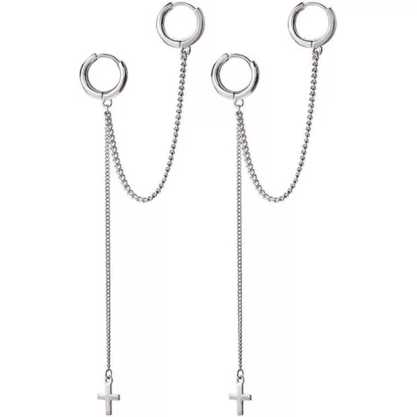 Cross Chain Drop Dangle Small Double Hoop Earrings for Women Girls Sterling Silver Huggie Tassel Slave Chain Dangling 2 Hole Pair Post Multiple Piercing Studs Cartilage Men Personalized JewelryPair