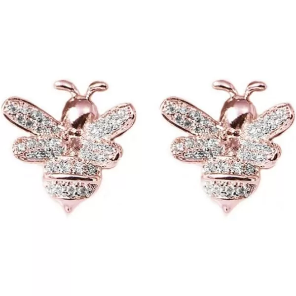 Crystal Bee Stud Earrings for Women Girls S925 Sterling Silver Cubic Zirconia Delicate Cute Animal Honeybee Small Studs Hypoallergenic Gift JewelryRose Gold