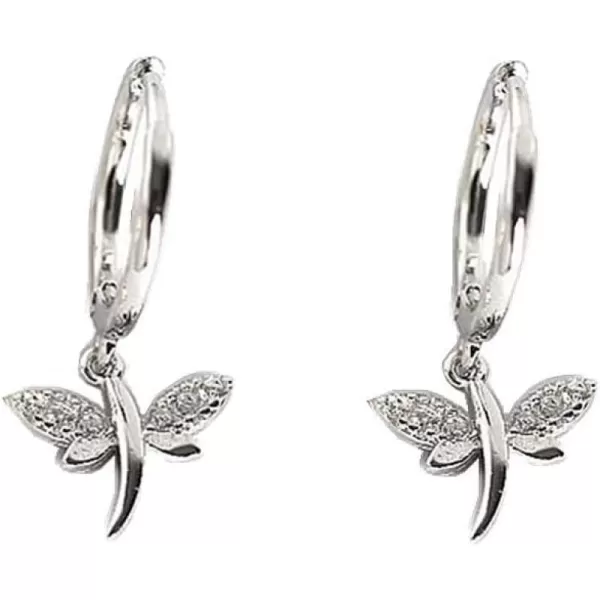 Crystal Dragonfly Dangle Hoop Earrings for Women Teen Girls S925 Sterling Silver with Charms CZ Diamond Drop Cartilage Cute Jewelry Delicate Fashion Birthday Gift Best FriendWhite Gold Plated