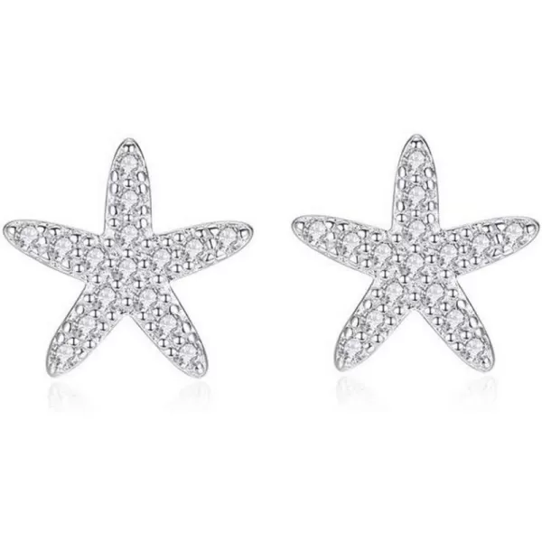 Cute CZ Starfish Stud Earrings for Women Teen Girls S925 Sterling Silver 18K White Gold Plated Huggie Pave Crystal Tiny Star Post Pin Ocean Beach Summer Hypoallergenic Jewelry Wedding Birthday Gift9mm