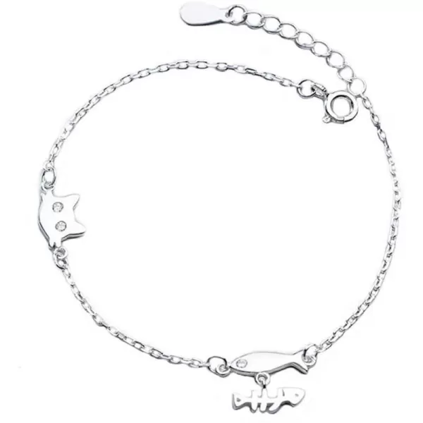 Cute Cat and Fish Sterling Silver Bracelet for Teen Girls Cubic Zirconia Micro Crystal Kitten Head Fishbone Charm Hand Chain Dainty Hypoallergenic Jewelry for Daughter NieceCute Cat and Fish Sterling Silver Bracelet for Teen Girls Cubic Zirconia Micro Crystal Kitten Head Fishbone Charm Hand Chain Dainty Hypoallergenic Jewelry for Daughter Niece