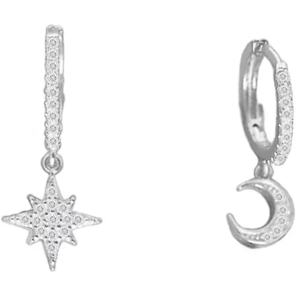 Cute Crystal Moon Star Dangle Hoop Earrings for Women Teen Girls S925 Sterling Silver with Charms Asymmetrical Pave CZ Diamond Drop Cartilage Jewelry Delicate Fashion Dainty GiftSilver