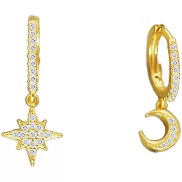 Cute Crystal Moon Star Dangle Hoop Earrings for Women Teen Girls S925 Sterling Silver with Charms Asymmetrical Pave CZ Diamond Drop Cartilage Jewelry Delicate Fashion Dainty GiftGold Plated