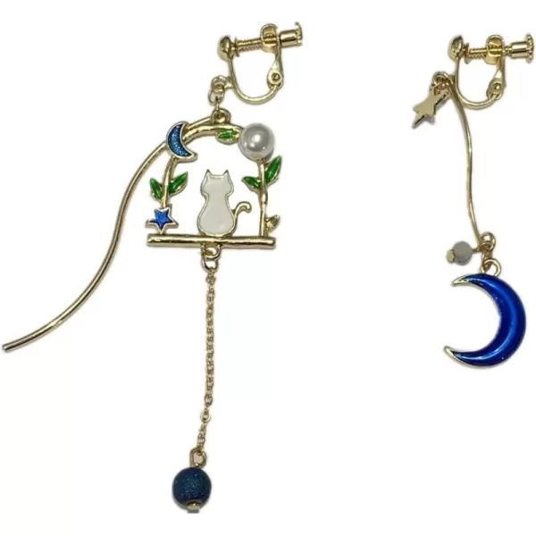 Cute Garden Cat Blue Moon Dangle Clip on Earrings for Women Girls Gold Plated Fashion Charms Asymmetrical Crescent Moon Star Ball Threader Drop Dangling Hypoallergenic Holiday Jewelry GiftsCute Garden Cat Blue Moon Dangle Clip on Earrings for Women Girls Gold Plated Fashion Charms Asymmetrical Crescent Moon Star Ball Threader Drop Dangling Hypoallergenic Holiday Jewelry Gifts