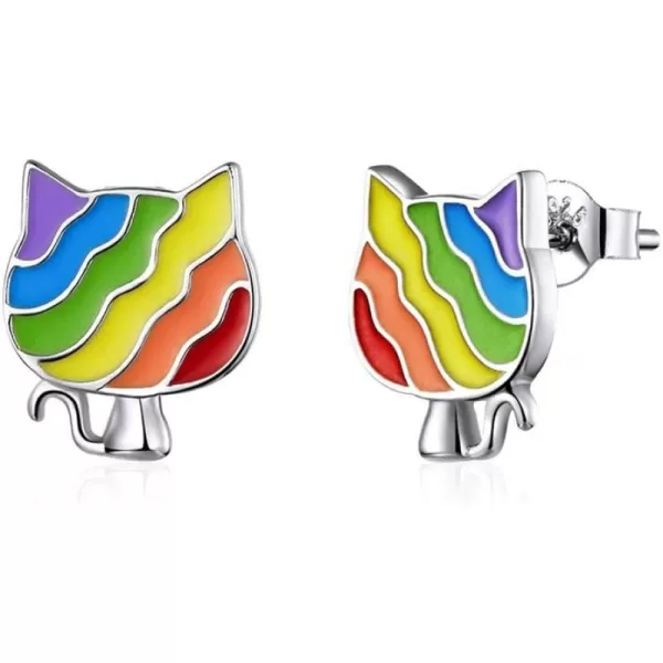 Cute Rainbow Cat Stud Earrings for Women Girls 925 Sterling Silver White Gold Plated Small Animal Pet Studs Tragus Post Hypoallergenic LGBT Pride BFF Jewelry GiftsCute Rainbow Cat Stud Earrings for Women Girls 925 Sterling Silver White Gold Plated Small Animal Pet Studs Tragus Post Hypoallergenic LGBT Pride BFF Jewelry Gifts