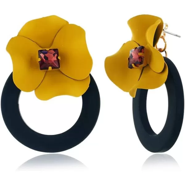 Dainty Boho Stud Earrings for Women Teen Girls Alloy Big Hoop Dangle Drop Square Cut Ruby Crystal Flower Bud Stud Post Pin Earrings Fashion Bohemian Balinese Jewelryyellow flower black hoop