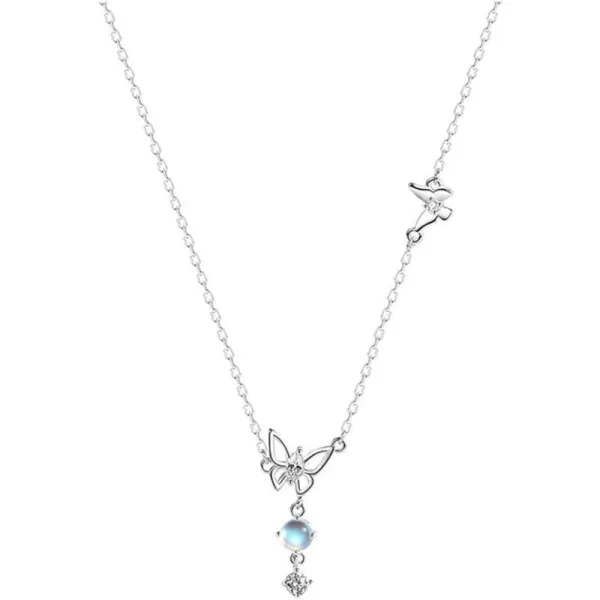 Dainty Butterfly Pendant Necklace for Women Girls Teens Sterling Silver 14K Gold Plated Cubic Zirconia CZ Butterflies Moon Stone Charms Choker Chain Adjustable Fashion Delicate Birthday Wedding Jewelry Gift BoxSilver
