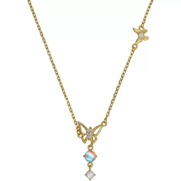 Dainty Butterfly Pendant Necklace for Women Girls Teens Sterling Silver 14K Gold Plated Cubic Zirconia CZ Butterflies Moon Stone Charms Choker Chain Adjustable Fashion Delicate Birthday Wedding Jewelry Gift BoxGold