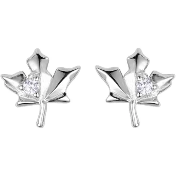 Dainty CZ Maple Leaf Earrings Sterling Silver Small Stud Cartilage Earring for Women Girls Hypoallergenic Tiny Cute CZ Crystal Piercing Studs Canadian Plant Fall Autumn Themed JewelrySilver