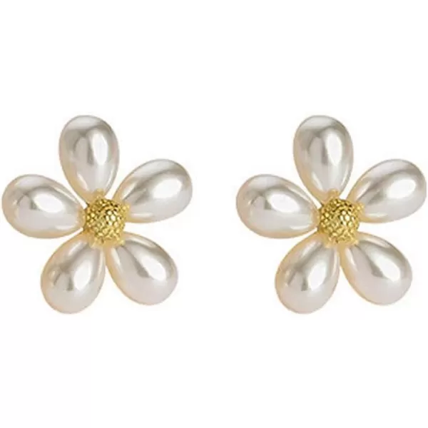 Dainty Shell Pearl Flower 925 Sterling Silver Stud Earrings for Women Girls Hypoallergenic Imitation Pearls Petal Cute Small Floral Cartilage Tragus Post Elegant Wedding Jewelry GiftGold Plated