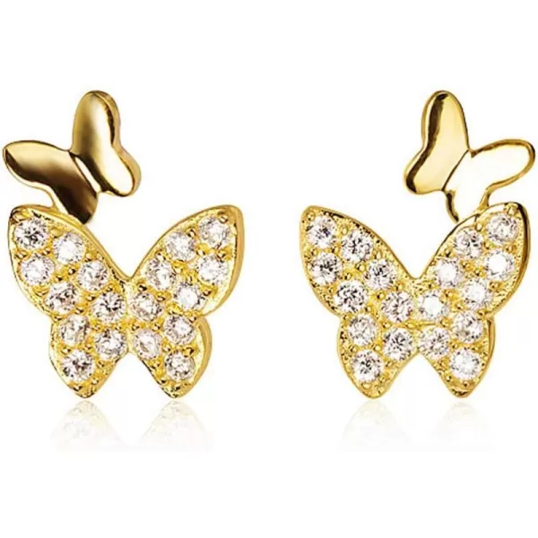 Double Butterfly Cubic Zirconia Tiny Stud Earrings for Women Teen Girls Sterling Silver Hypoallergenic Pierced Ear CZ Cute Huggie Cartilage Tragus Post Pin Earring Gift for Mother Daughtergold plated