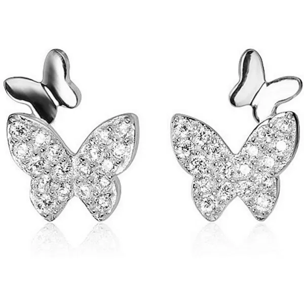 Double Butterfly Cubic Zirconia Tiny Stud Earrings for Women Teen Girls Sterling Silver Hypoallergenic Pierced Ear CZ Cute Huggie Cartilage Tragus Post Pin Earring Gift for Mother Daughtersilver