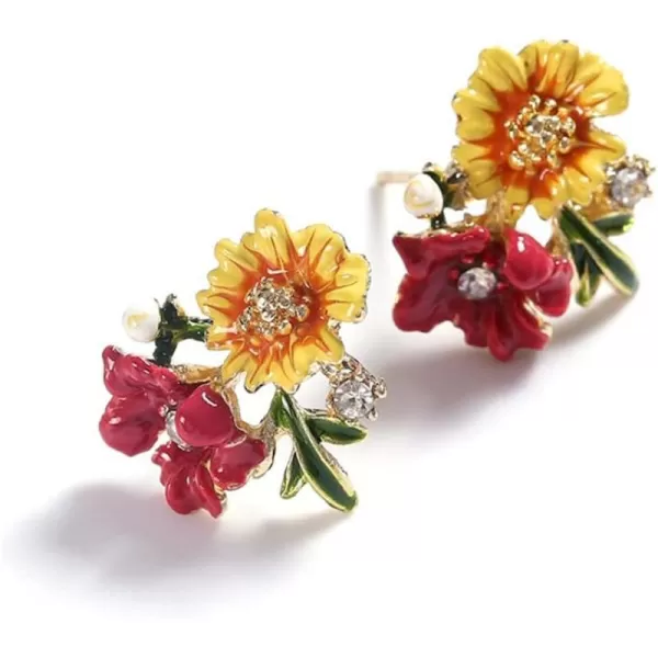 Double Flower Stud Earrings for Women Girls Gold Plated Enameled Daisy Peony Flowers Green Leaf Small Studs Elegant Painting Style Ear Piercing Wedding Birthday Jewelry Dainty GiftsWarm Tone