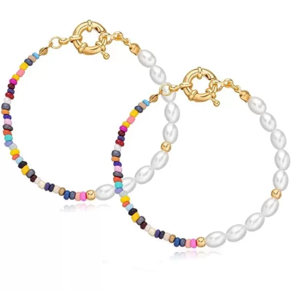 Dtja 2 Pcs Boho Pearl Bead Bracelets Set for Women Girls Layered Bohemian Colorful Ball Bead Seed Imitation Pearls Handmade Chain Beachy Y2K Jewelry GiftGold